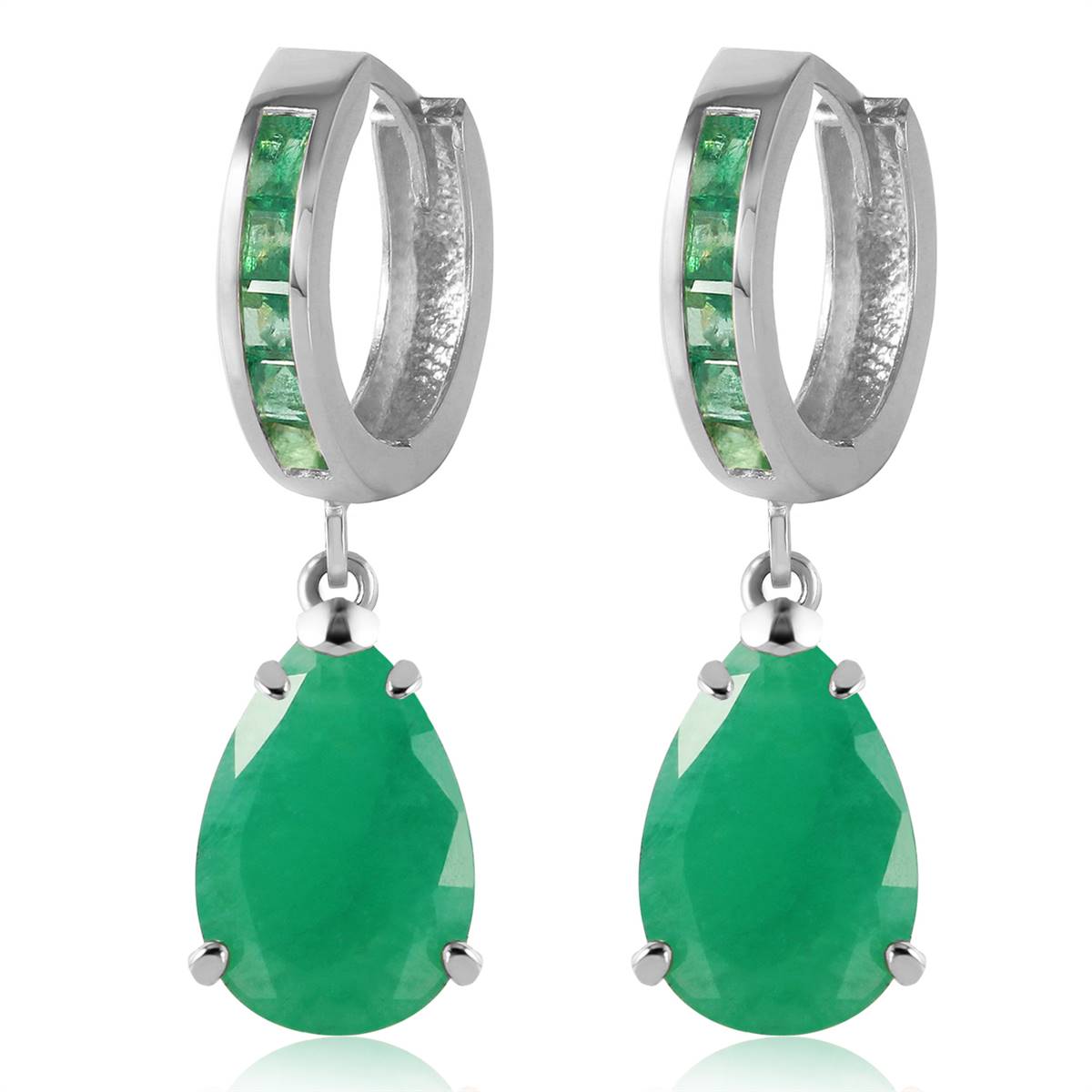 14K. WHITE GOLD HUGGIE EARRING WITH DANGLING EMERALDS