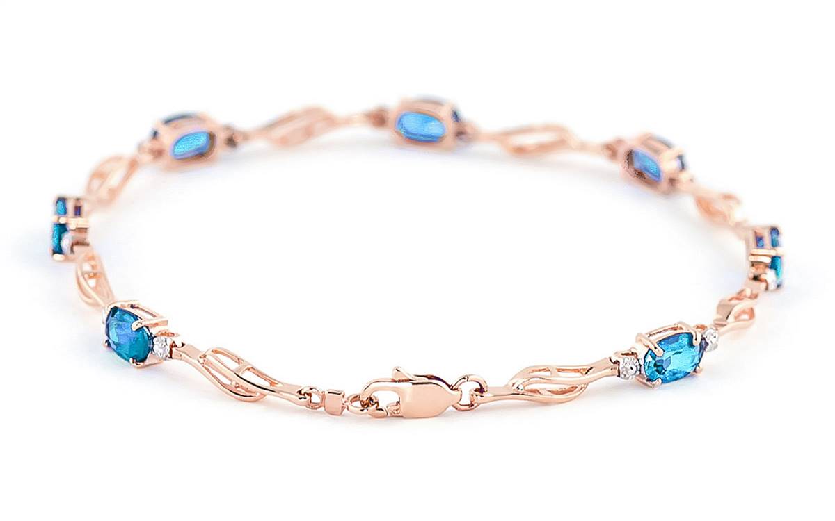 14K Solid Rose Gold Tennis Bracelet Blue Topaz & Diamond Certified