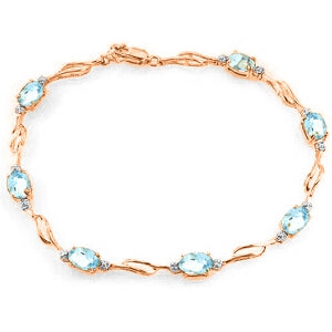 14K Solid Rose Gold Tennis Bracelet Aquamarines & Diamond Gemstone