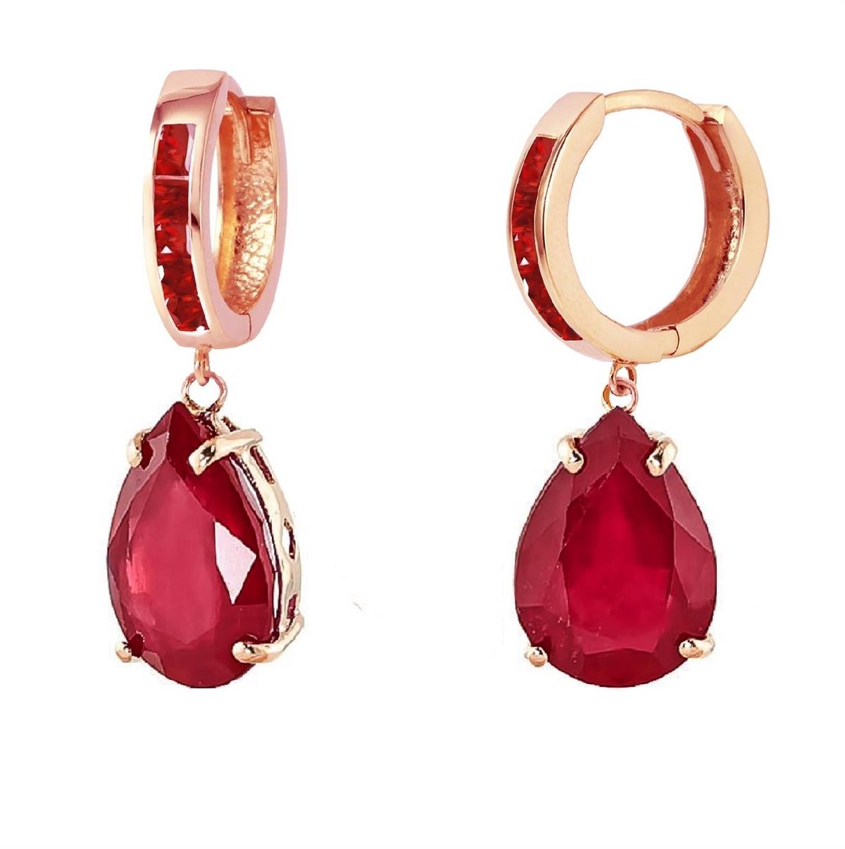 14K Solid Rose Gold Huggie Earrings Dangling Ruby Gemstone