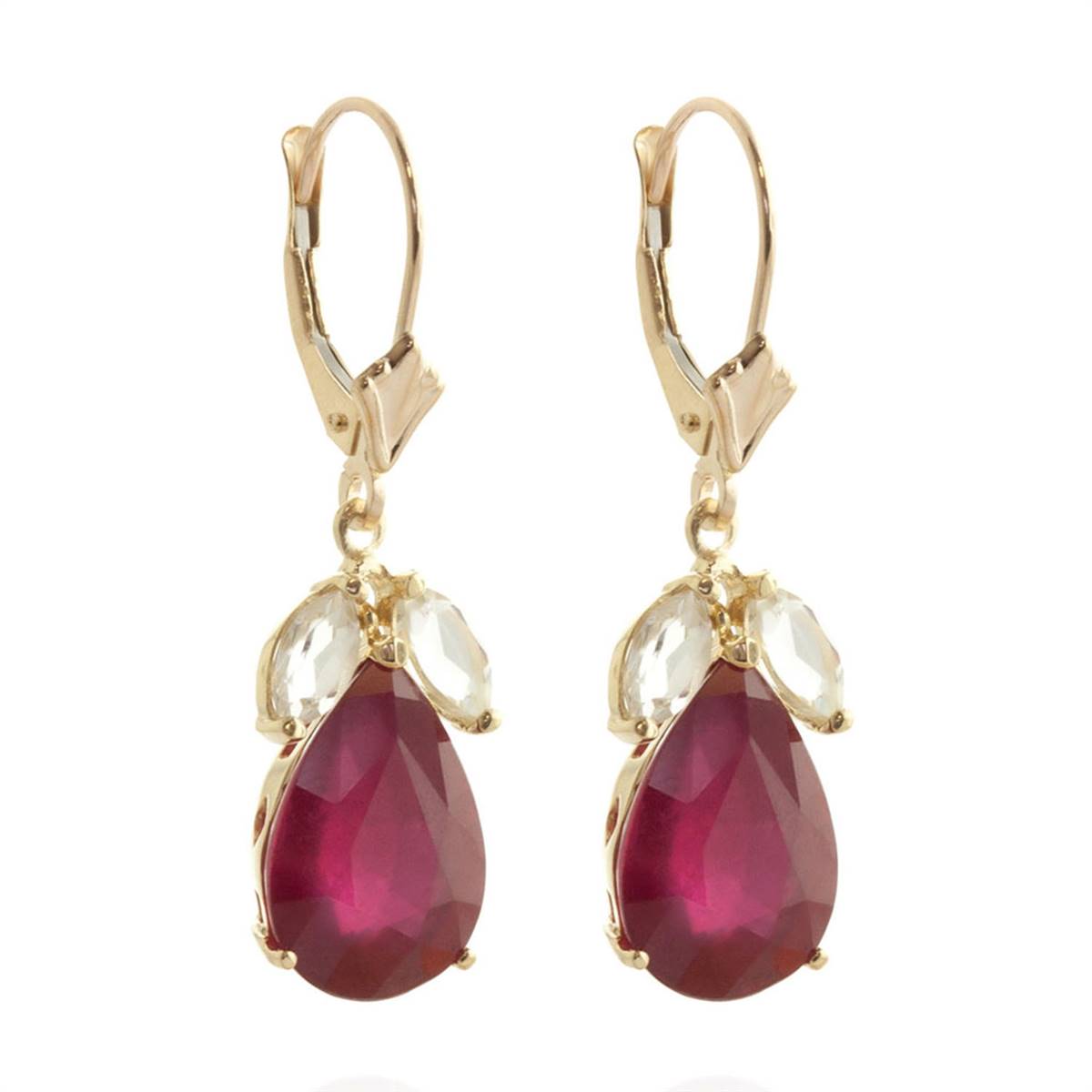 11 Carat 14K Solid Yellow Gold Leverback Earrings Ruby White Topaz