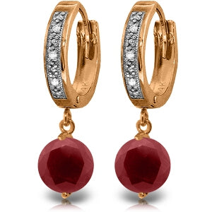 14K Solid Rose Gold Hoop Diamond & Ruby Earrings Certified