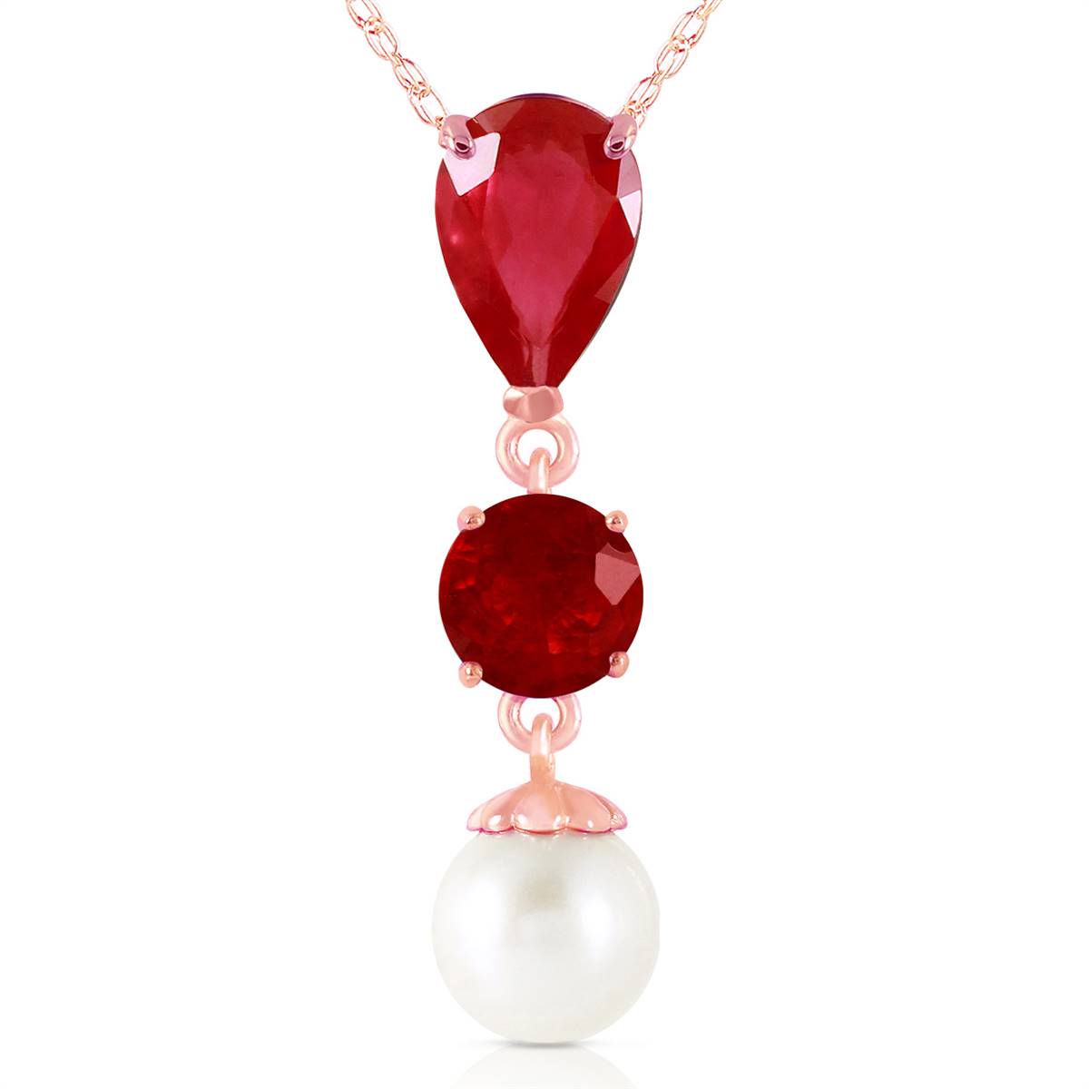 14K Solid Rose Gold Necklace w/ Rubies & Pearl