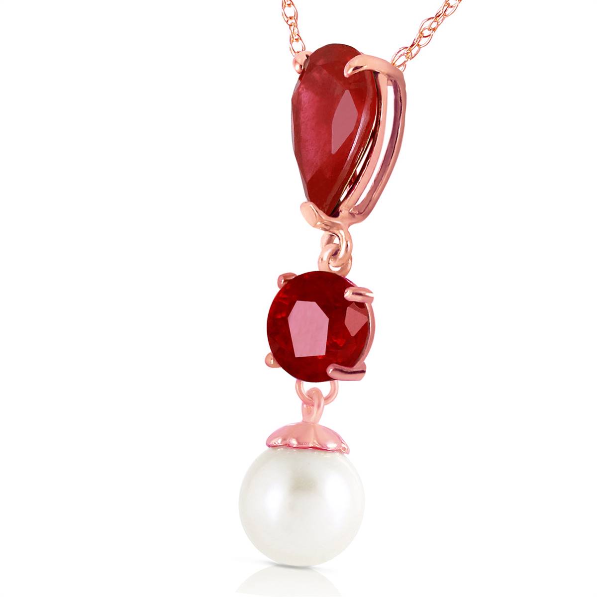 14K Solid Rose Gold Necklace w/ Rubies & Pearl