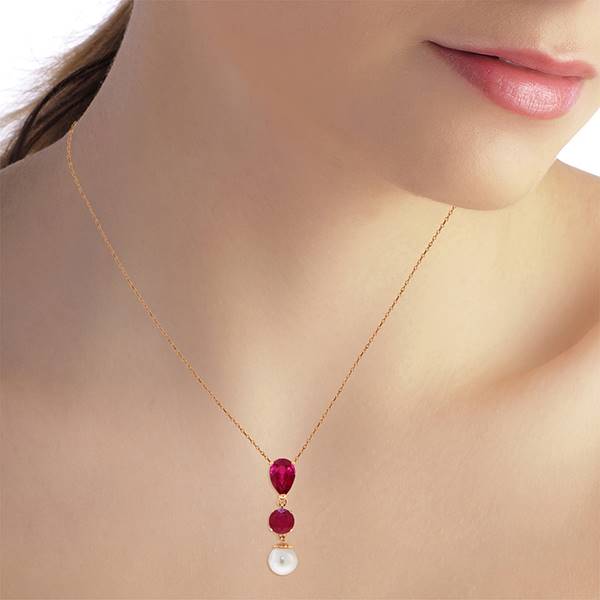 14K Solid Rose Gold Necklace w/ Rubies & Pearl