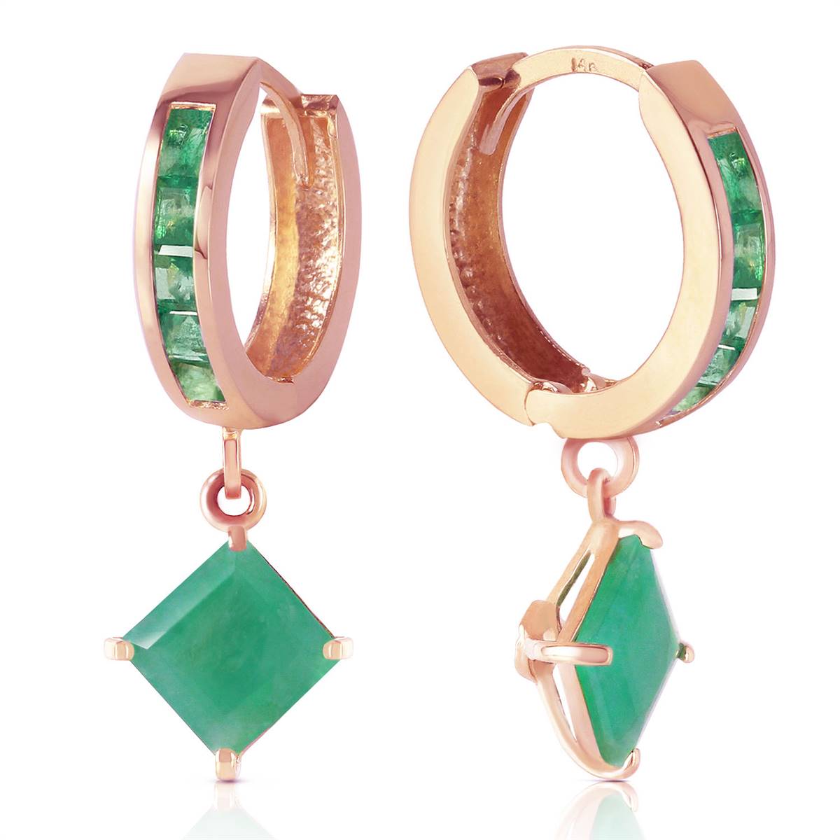 14K. SOLID ROSE GOLD HOOP EARRING WITH DANGLING EMERALDS