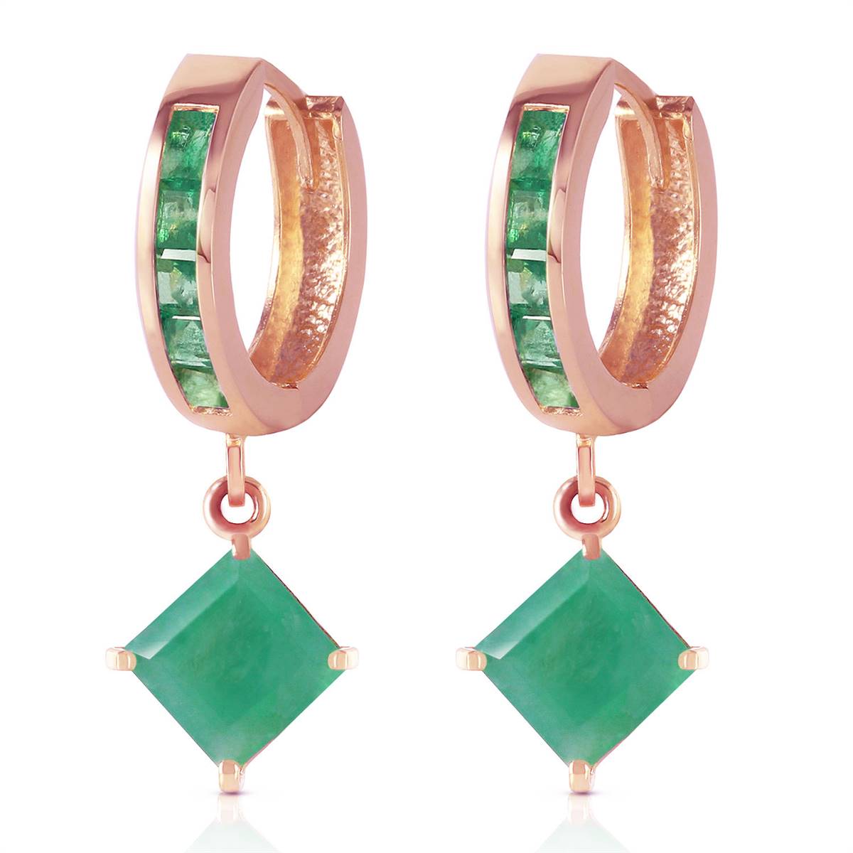 14K. SOLID ROSE GOLD HOOP EARRING WITH DANGLING EMERALDS