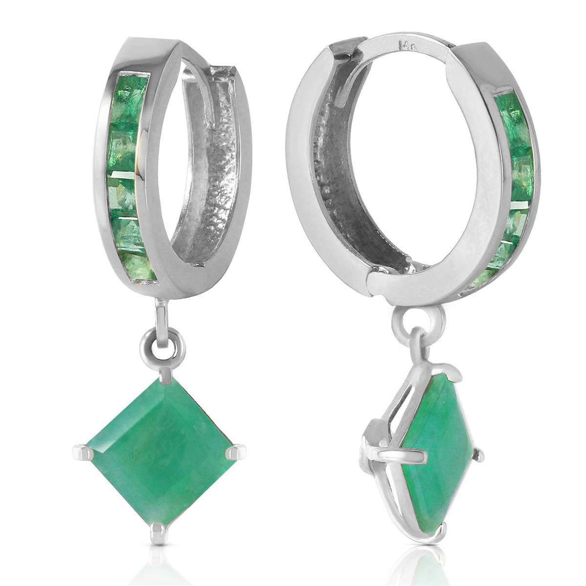 14K. SOLID WHITE GOLD HOOP EARRING WITH DANGLING EMERALDS