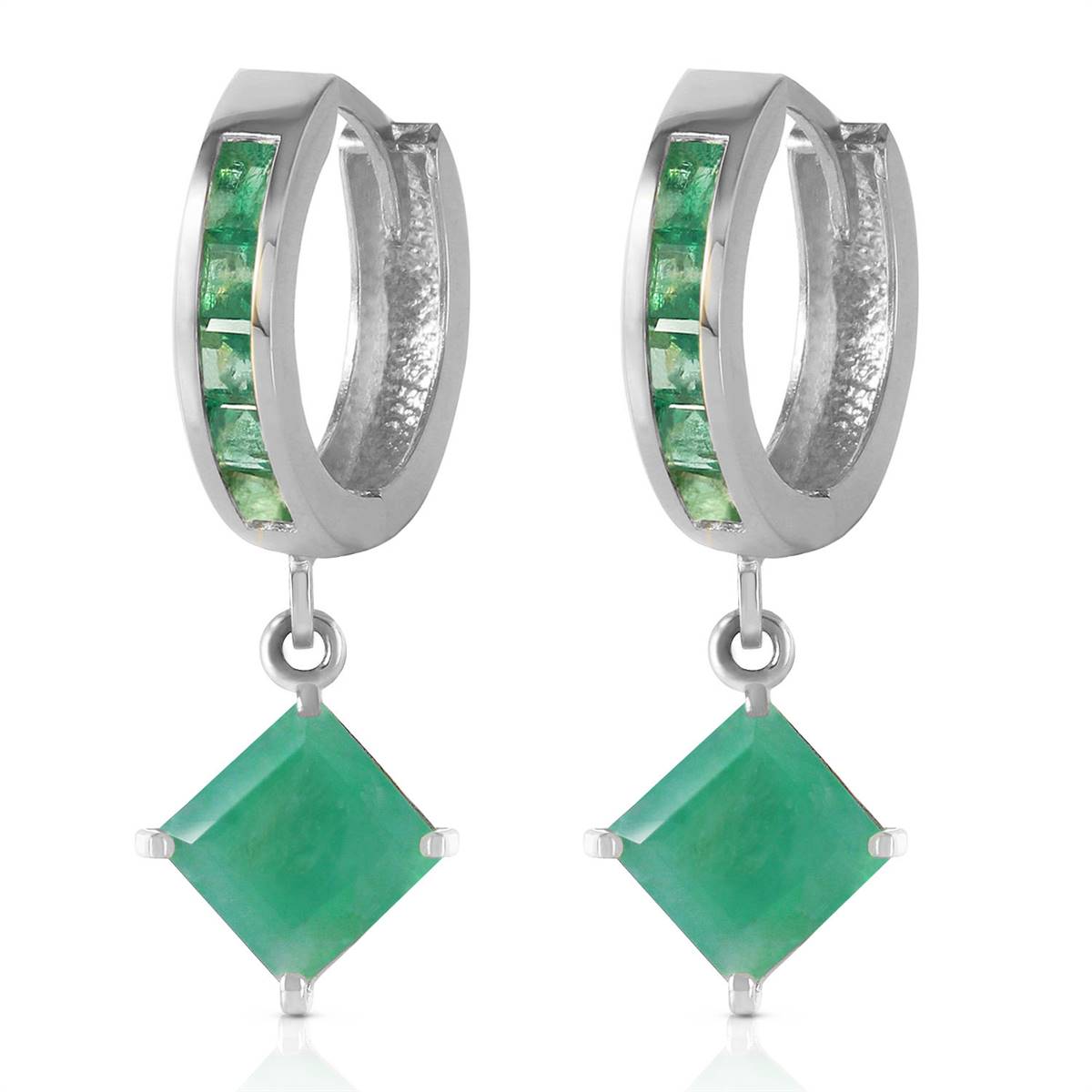 14K. SOLID WHITE GOLD HOOP EARRING WITH DANGLING EMERALDS