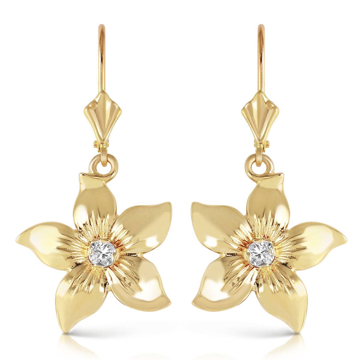 14K Solid Yellow Gold Leverback Flowers Earrings Diamond