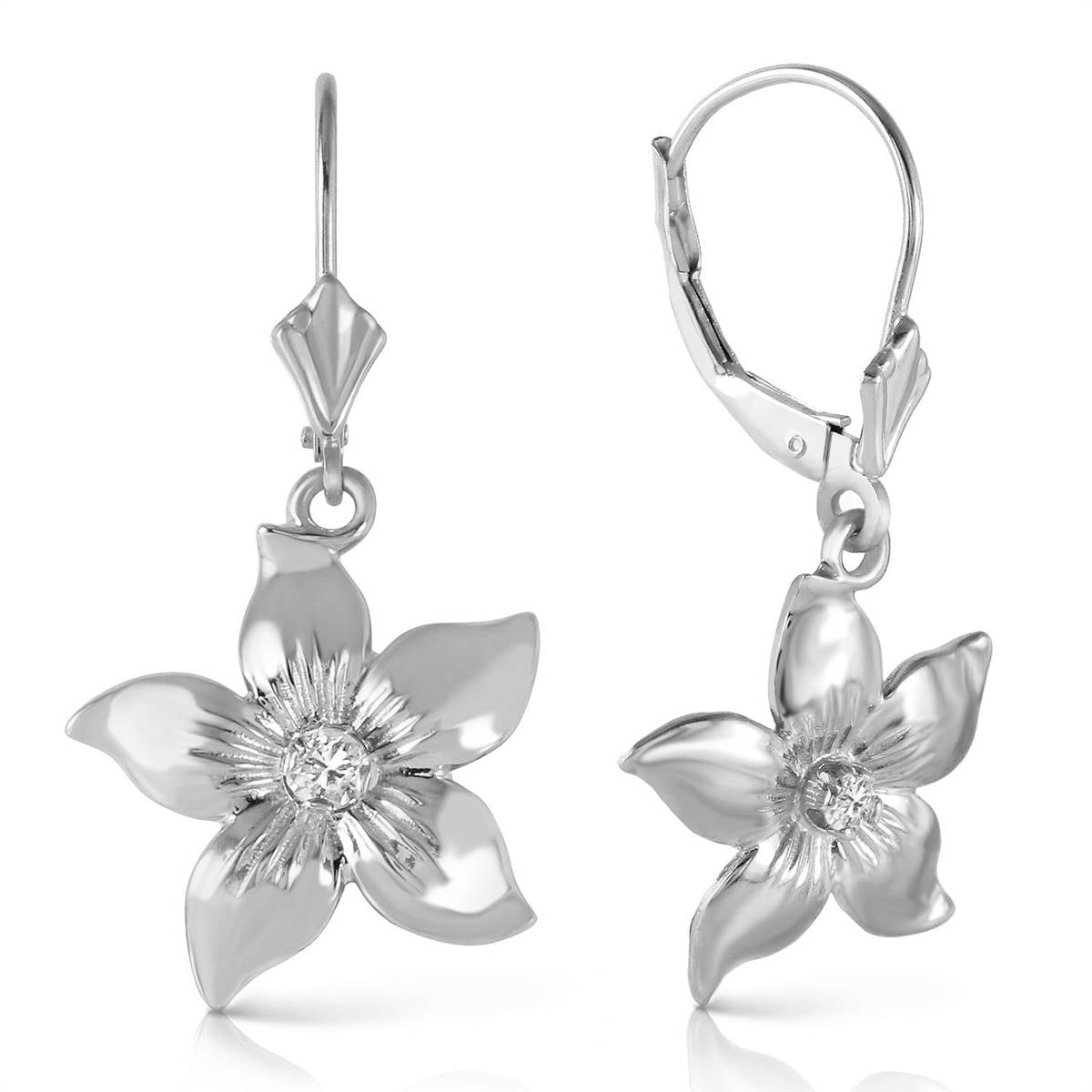 14K Solid White Gold Leverback Flowers Earrings Diamond