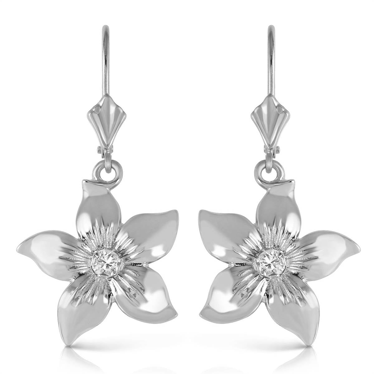 14K Solid White Gold Leverback Flowers Earrings Diamond