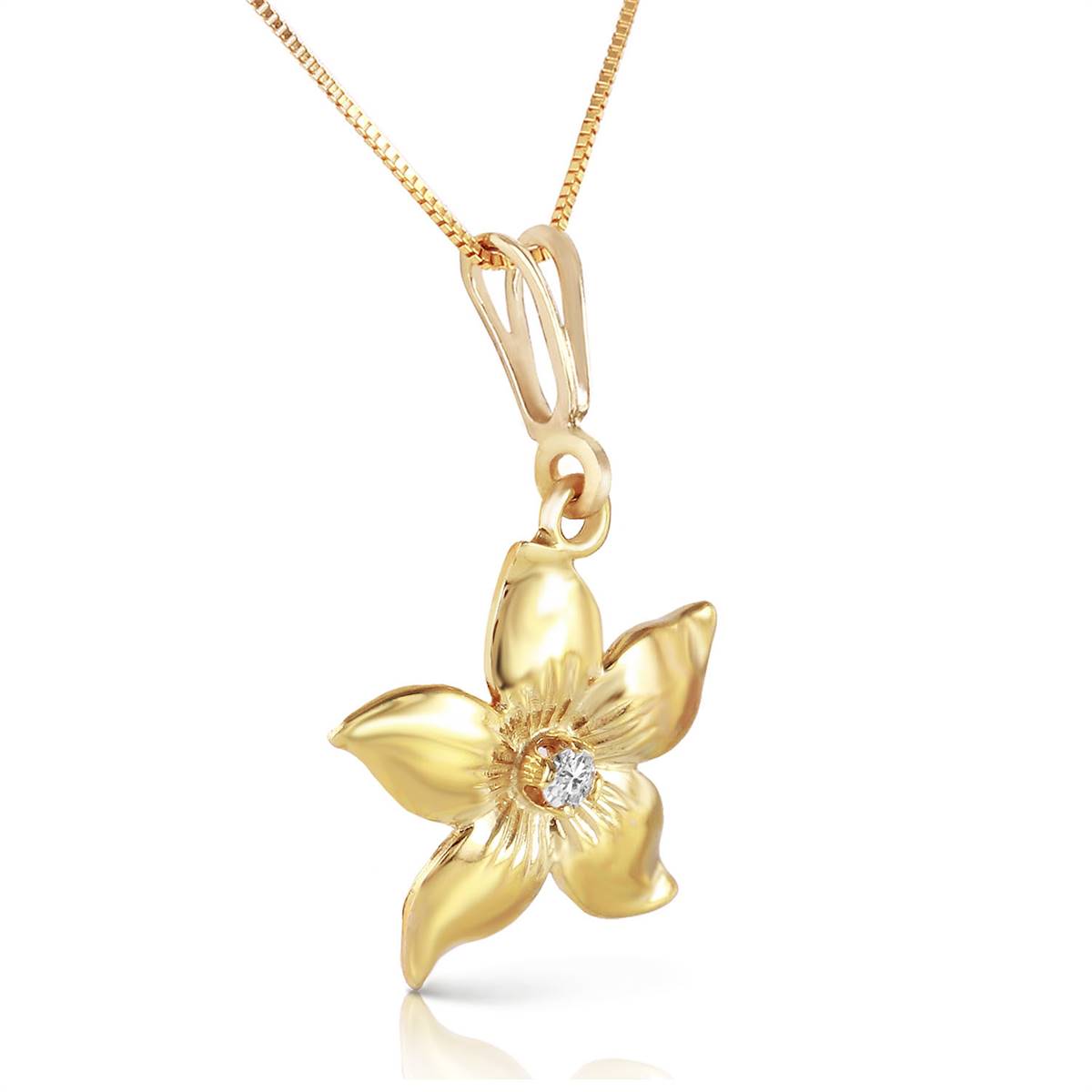 14K Solid Yellow Gold Flower Necklace Natural Diamond