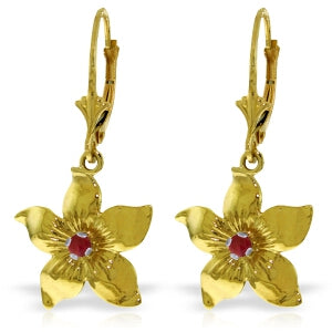 0.2 Carat 14K Solid Yellow Gold Leverback Flowers Earrings Ruby