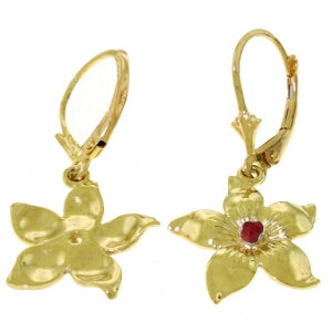 0.2 Carat 14K Solid Yellow Gold Leverback Flowers Earrings Ruby