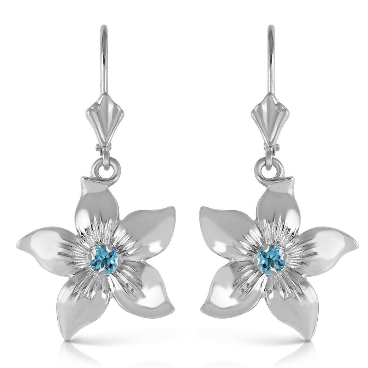 0.2 Carat 14K Solid White Gold Leverback Flowers Earrings Blue Topaz