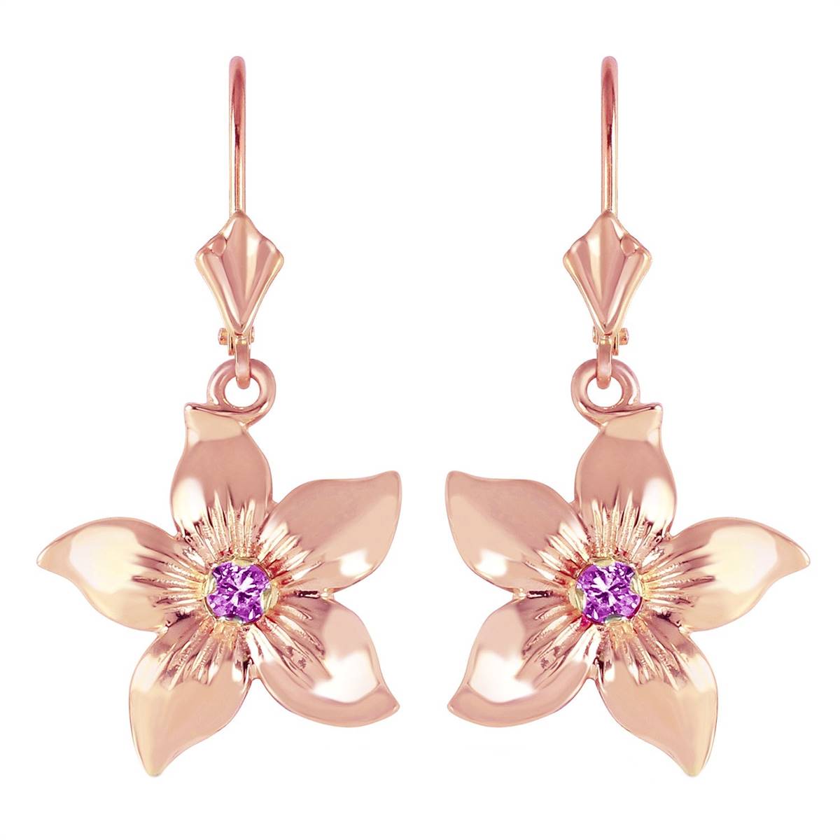 14K Solid Rose Gold Leverback Flowers Earrings w/ Amethysts