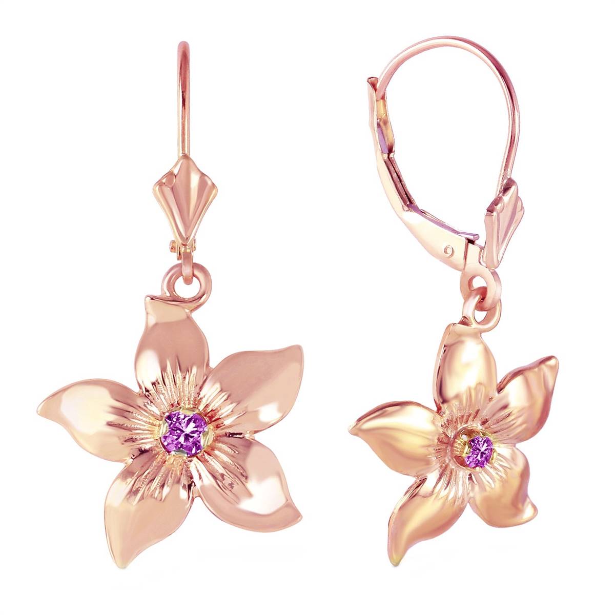 14K Solid Rose Gold Leverback Flowers Earrings w/ Amethysts