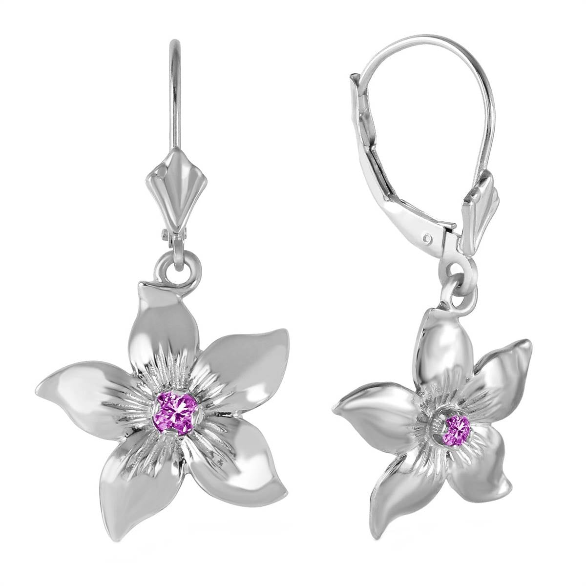 0.2 Carat 14K Solid White Gold Leverback Flowers Earrings Amethyst