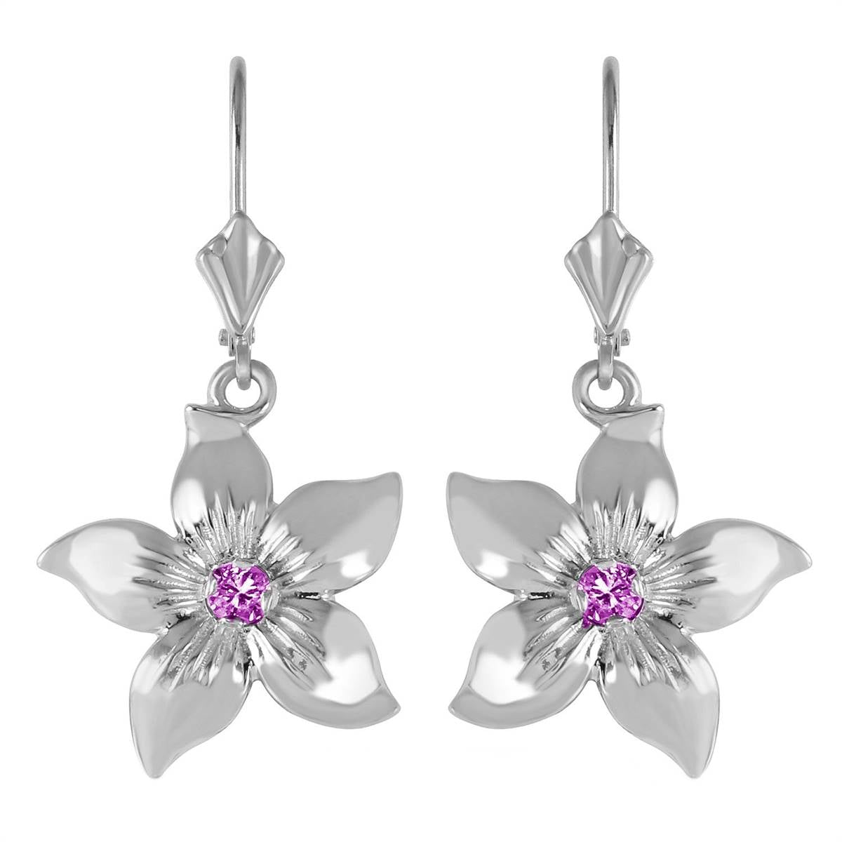 0.2 Carat 14K Solid White Gold Leverback Flowers Earrings Amethyst