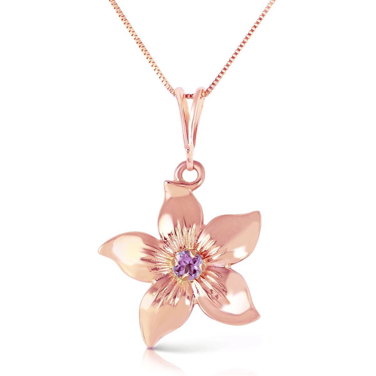 14K Solid Rose Gold Flower Necklace w/ Natural Purple Amethyst