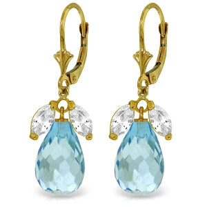 14.4 Carat 14K Solid Yellow Gold Leverback Earrings Blue White Topaz