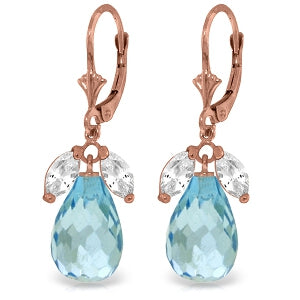 14K Solid Rose Gold Leverback Earrings w/ Blue & Rose Topaz