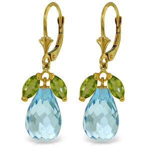 14.4 Carat 14K Solid Yellow Gold Leverback Earrings Peridot Blue Topaz