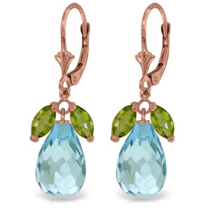 14K Solid Rose Gold Leverback Earrings Peridot & Blue Topaz Series