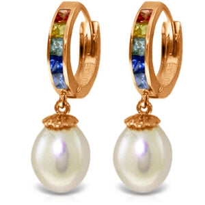 14K Solid Rose Gold Hoop Multicolor Sapphire & Pearl Earrings Certified