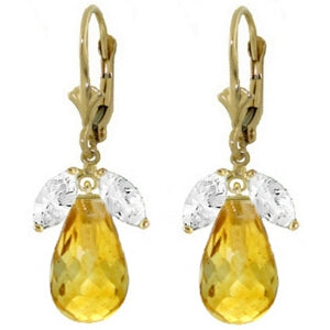 14.4 Carat 14K Solid Yellow Gold Leverback Earrings Citrine White Topaz