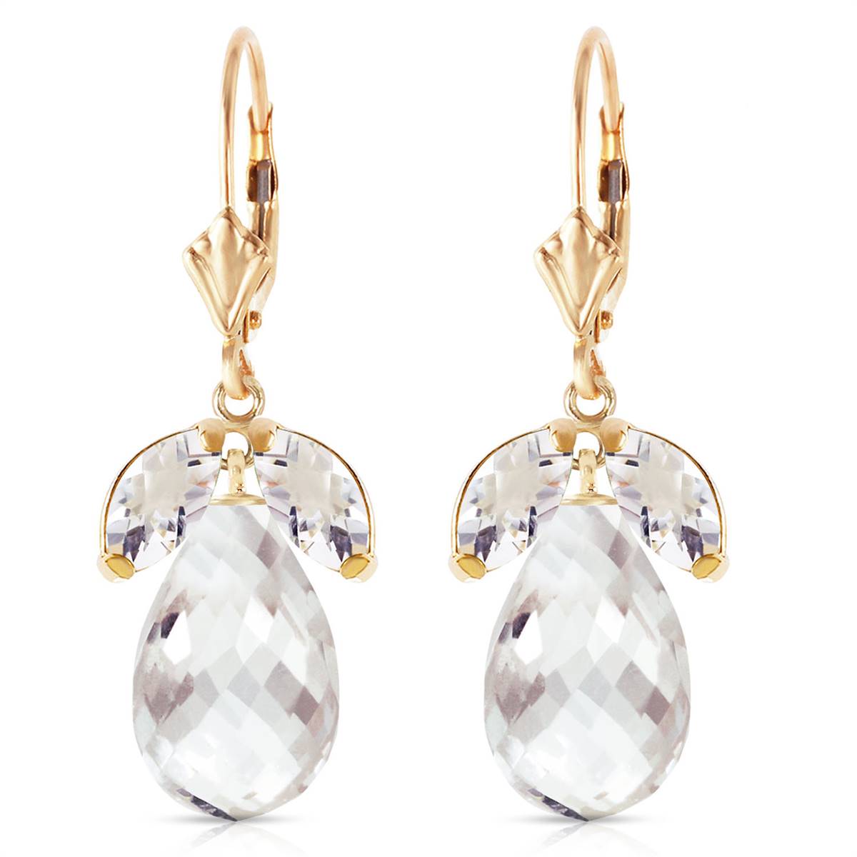 14.4 Carat 14K Solid Yellow Gold Leverback Earrings Natural White Topaz