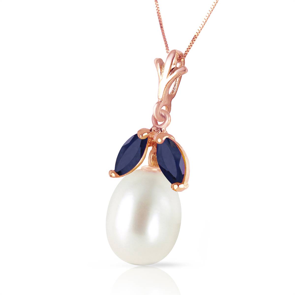 14K Solid Rose Gold Necklace w/ Natural Pearl & Sapphires