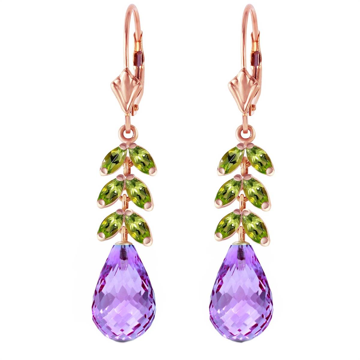 14K Solid Rose Gold Leverback Earrings w/ Peridots & Amethyst