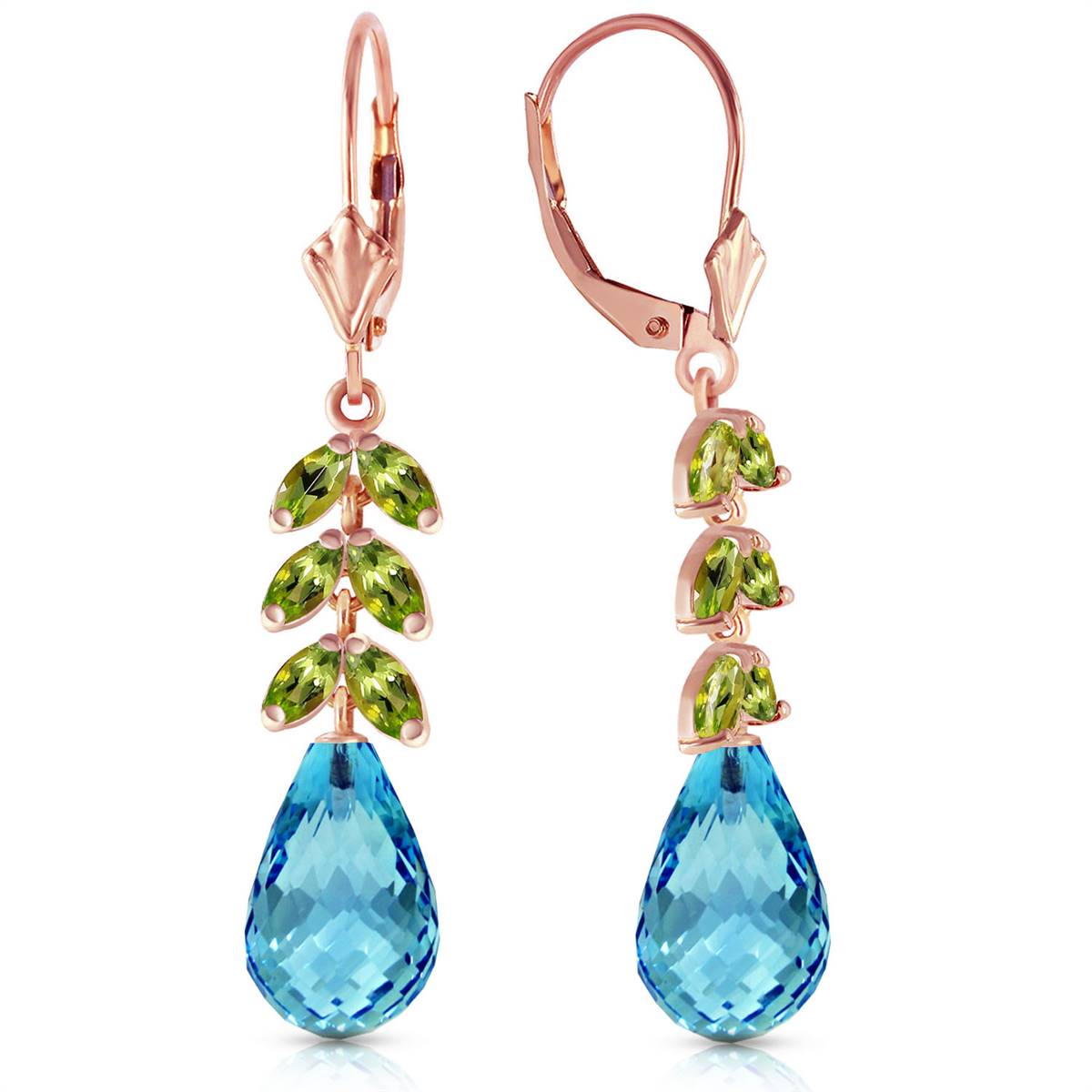 14K Solid Rose Gold Leverback Earrings Peridot & Blue Topaz