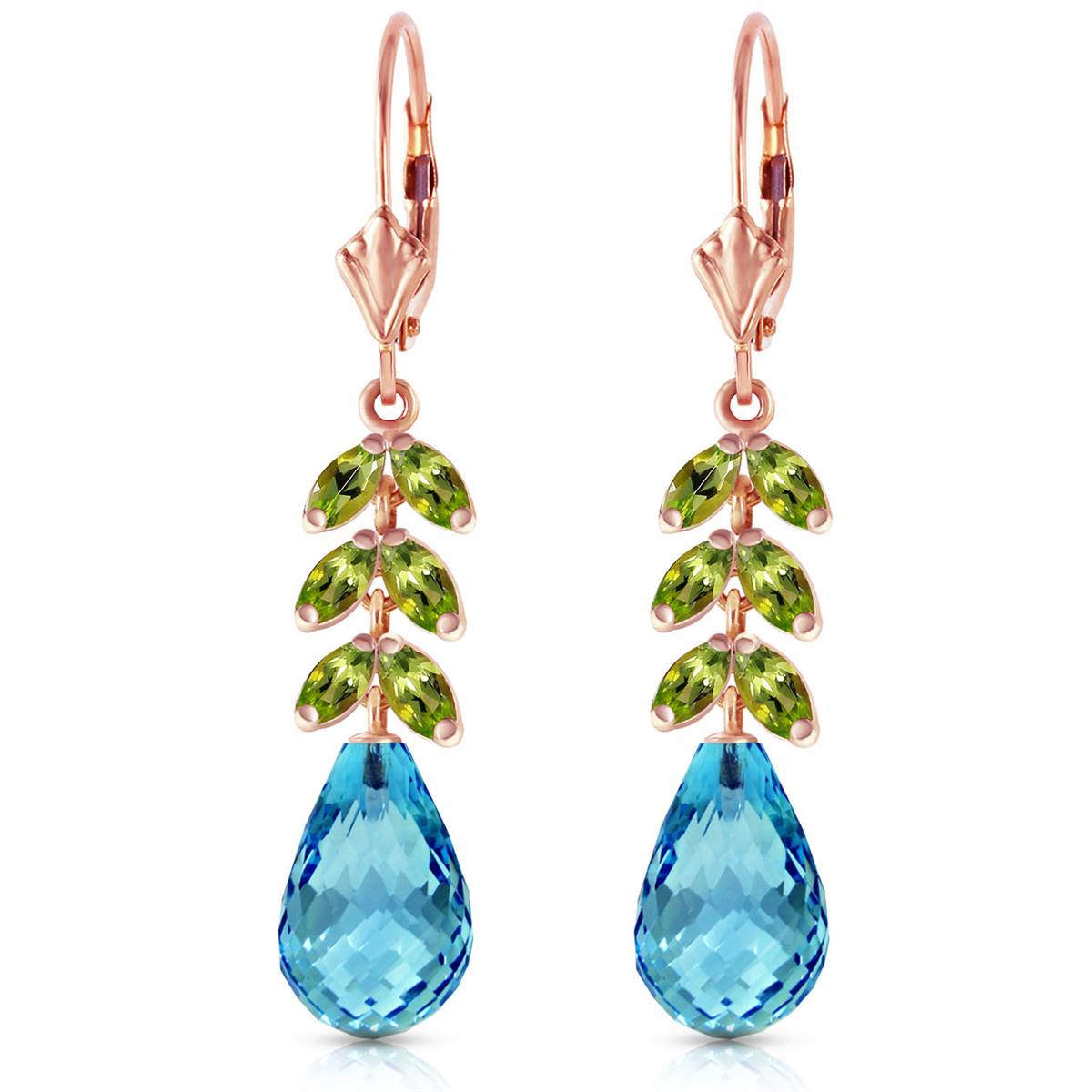 14K Solid Rose Gold Leverback Earrings Peridot & Blue Topaz