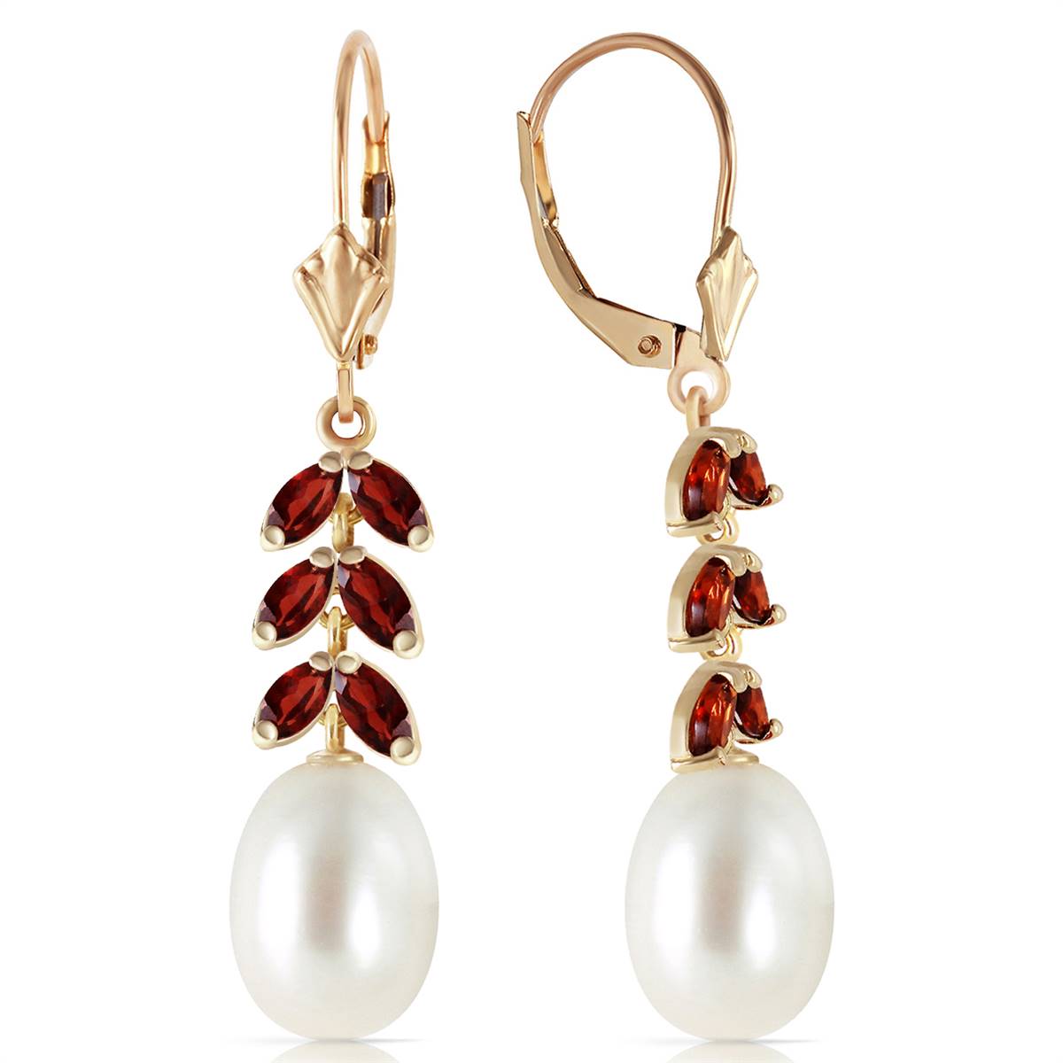 9.2 Carat 14K Solid Yellow Gold Fern Garnet Pearl Earrings