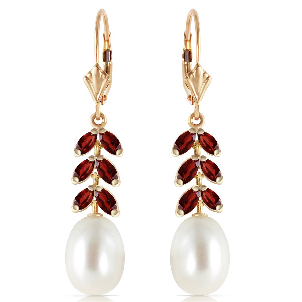 9.2 Carat 14K Solid Yellow Gold Fern Garnet Pearl Earrings