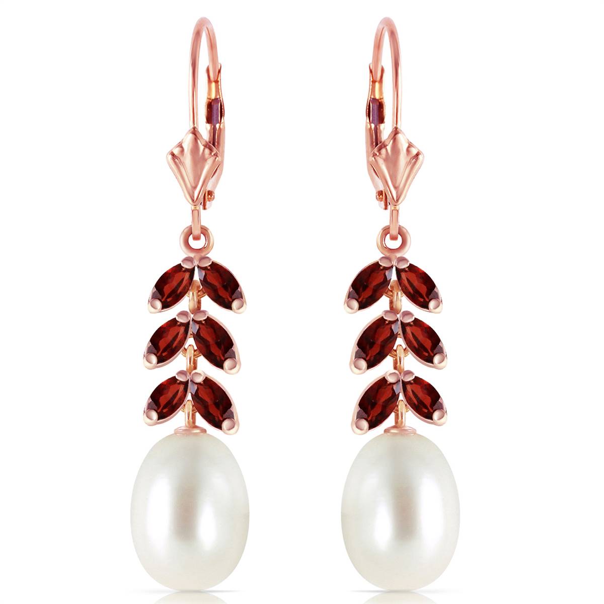 14K Solid Rose Gold Leverback Earrings Garnet & Pearl