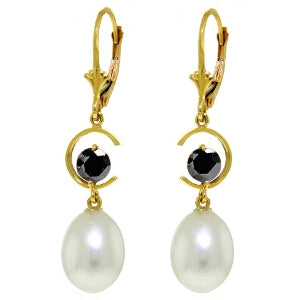 9 Carat 14K Solid Yellow Gold Leverback Earrings Black Diamond Pearl