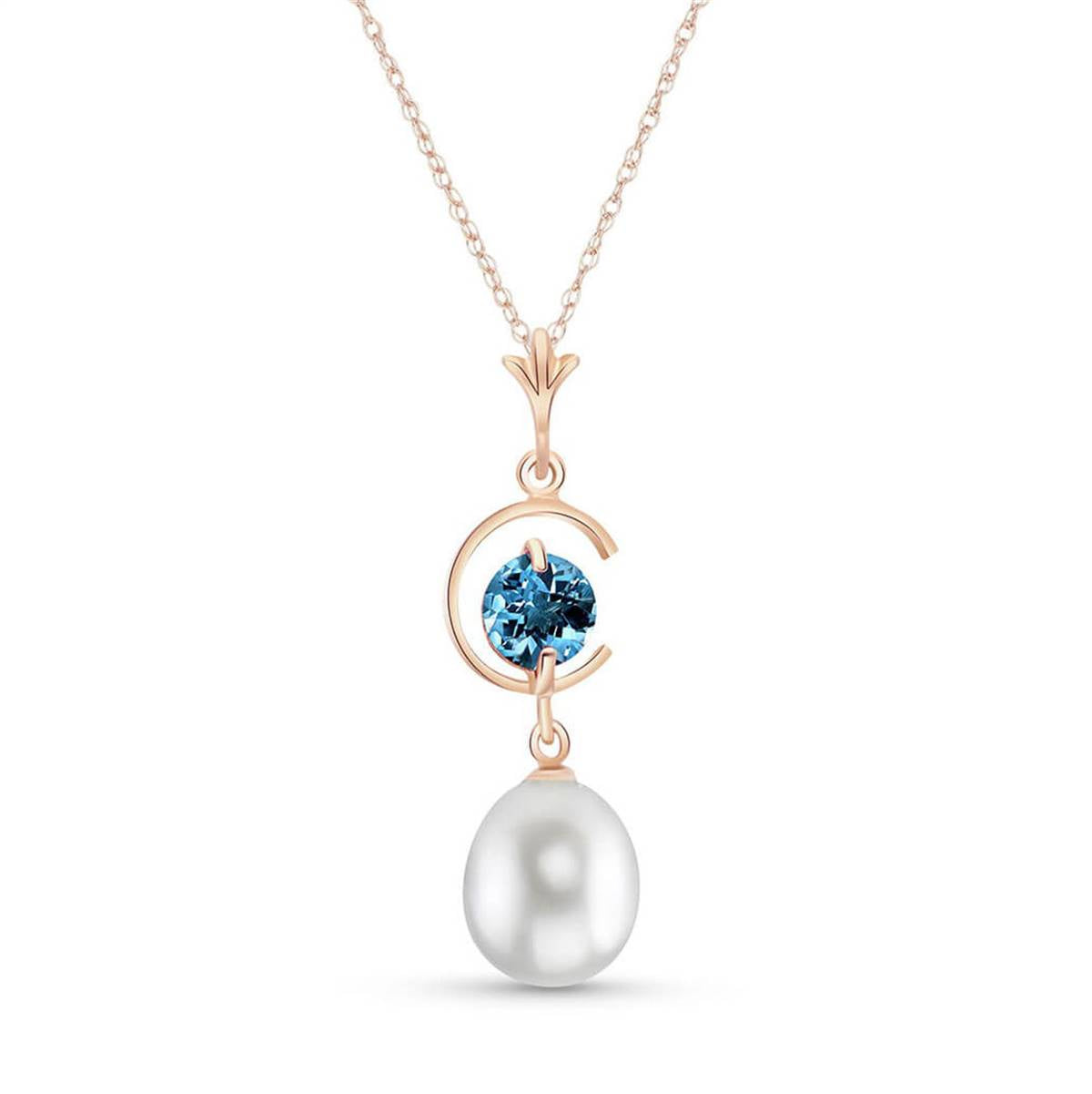 14K Solid Rose Gold Natural Pearl & Blue Topaz Necklace Jewelry