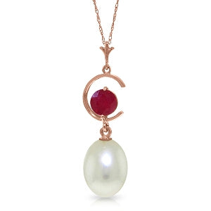 14K Solid Rose Gold Necklace w/ Natural Pearl & Ruby