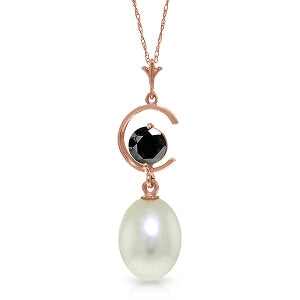 14K Solid Rose Gold Necklace w/ Natural Pearl & Black Diamond