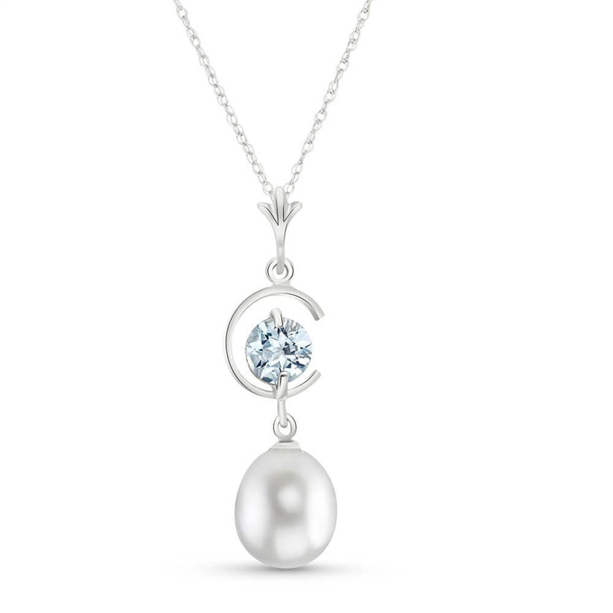 4.5 Carat 14K Solid White Gold Necklace Natural Pearl Aquamarine