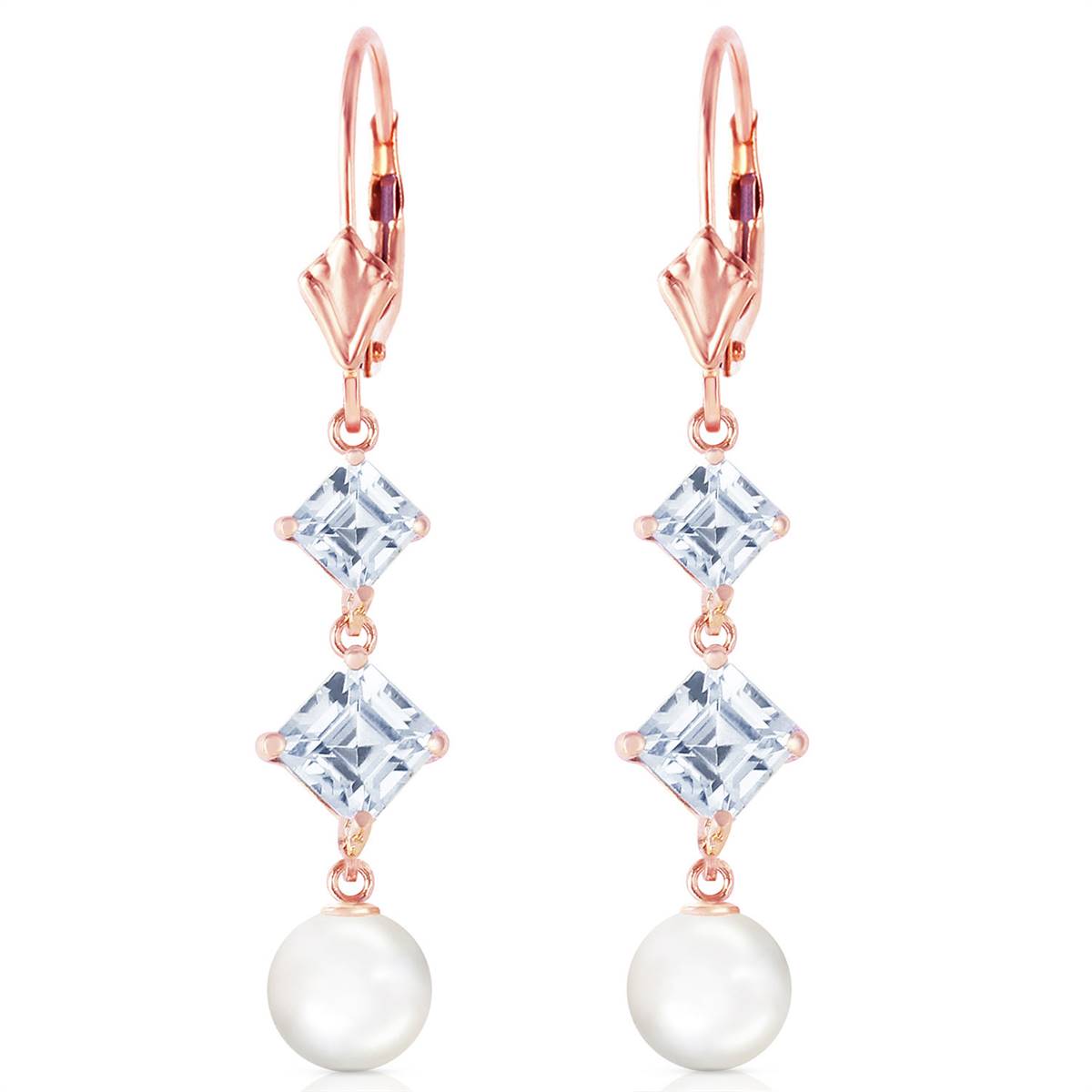 14K Solid Rose Gold Chandelier Aquamarine/Pearl Earrings