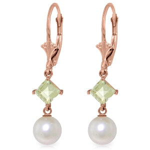 14K Solid Rose Gold Leverback Earrings Aquamarines & Pearl Certified