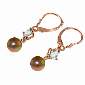 14K Solid Rose Gold Leverback Earrings Aquamarines & Pearl