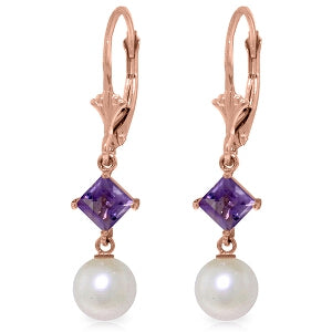 14K Solid Rose Gold Leverback Earrings Amethyst & Pearl Gemstone