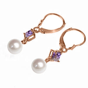 14K Solid Rose Gold Leverback Earrings Amethyst & Pearl Gemstone