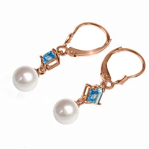 14K Solid Rose Gold Leverback Earrings Blue Topaz & Pearl